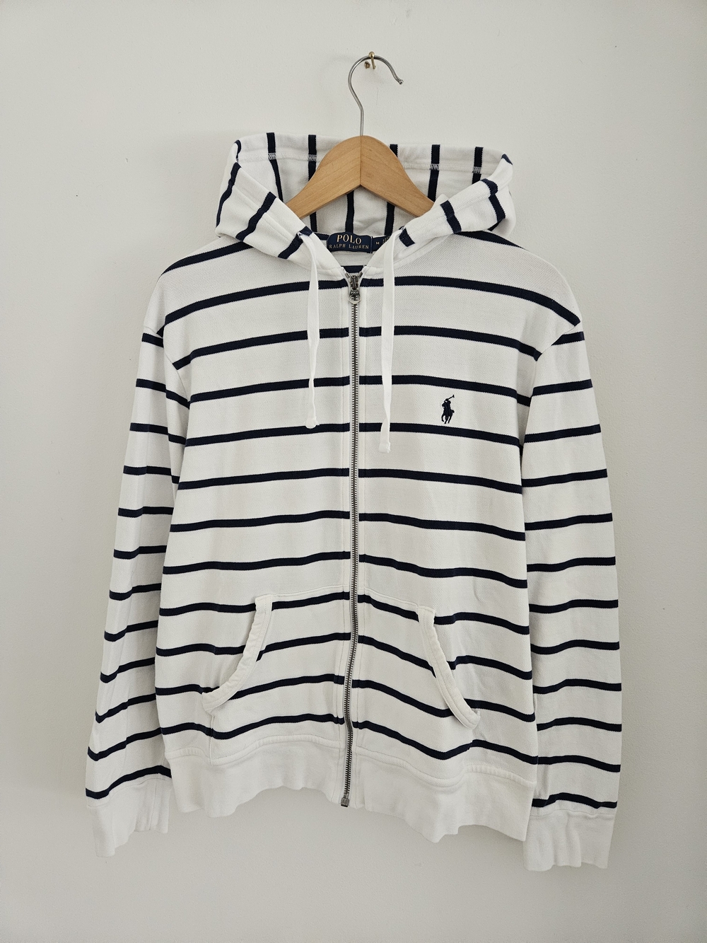 Polo Ralph Lauren White & Navy Striped Zip Hoodie Medium